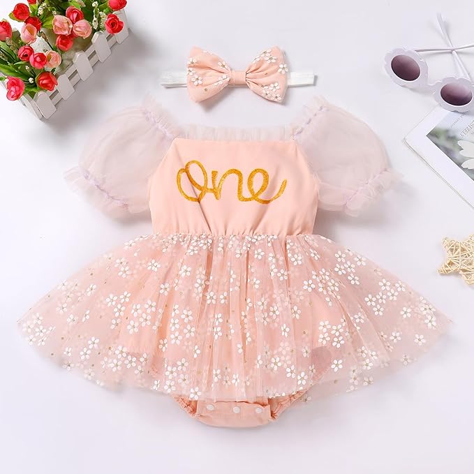 1st Birthday Outfit Pink Floral Dress + Bow
